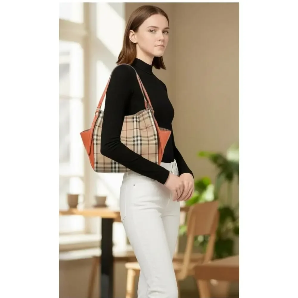 Burberry Orange Leather Haymarket Check Coated Canvas Canterbury Tote Bag - Picture 2 of 16